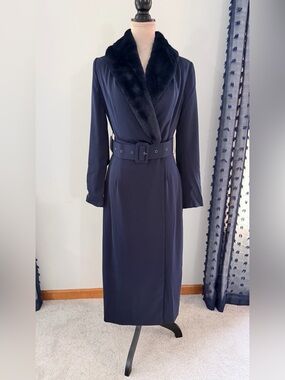 NEW naked wardrobe Navy Coat with Faux Fur Collar and belt size small